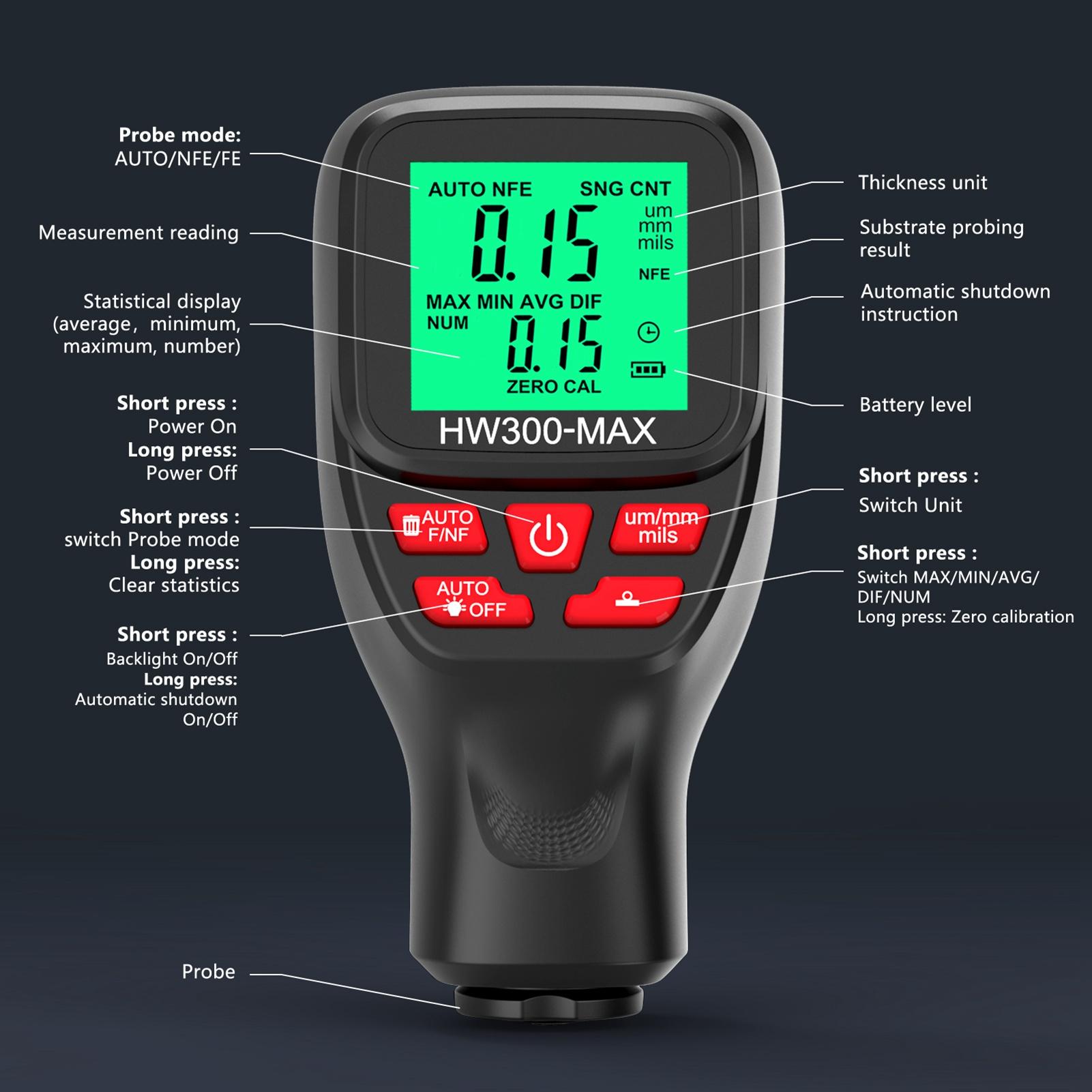 

0 2000UM Thickness Gauge High Precise LCD Digital Automobile Film Thickness Meter Car Paint Coating Thickness Tester