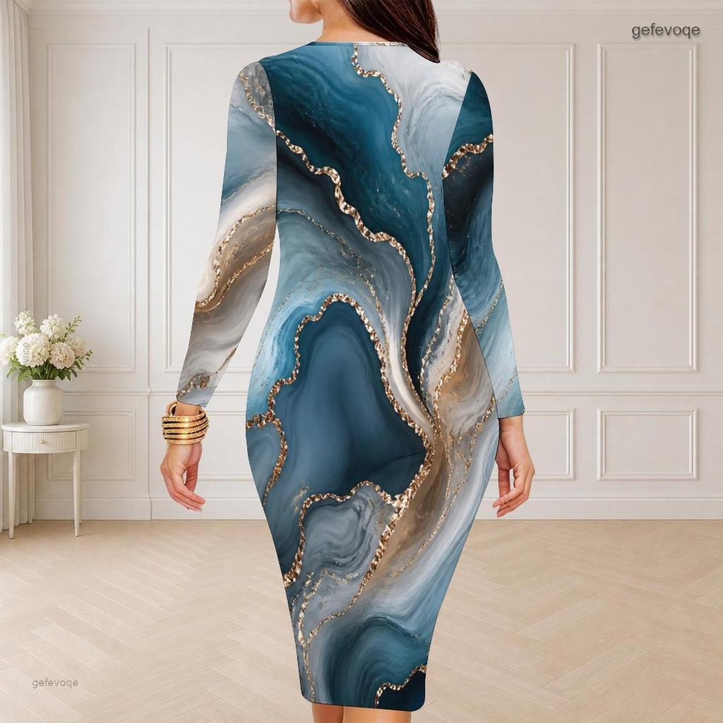 Women Plus Size Round Neck Long Sleeve Colorful Printed Bodycon Midi Dress