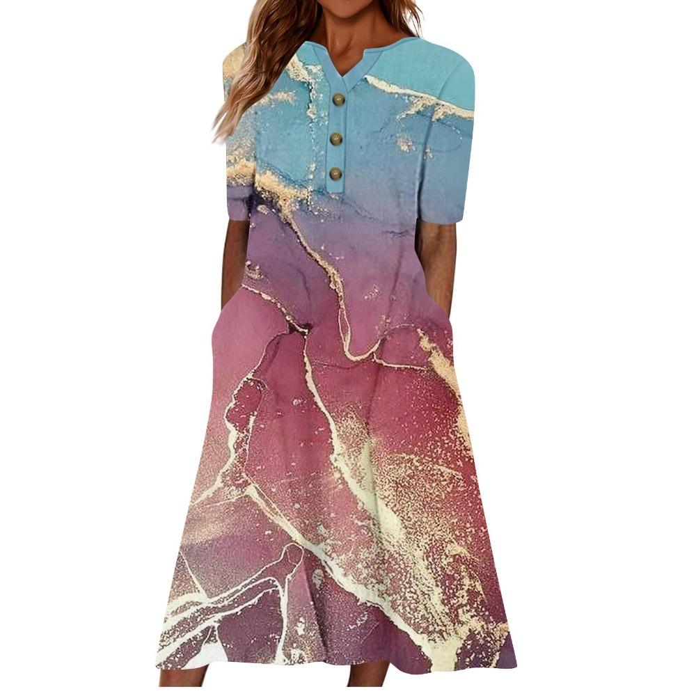Women's V‑Neck Button Short Sleeve Midi Dress Loose Printed Casual Dress With Side Pockets