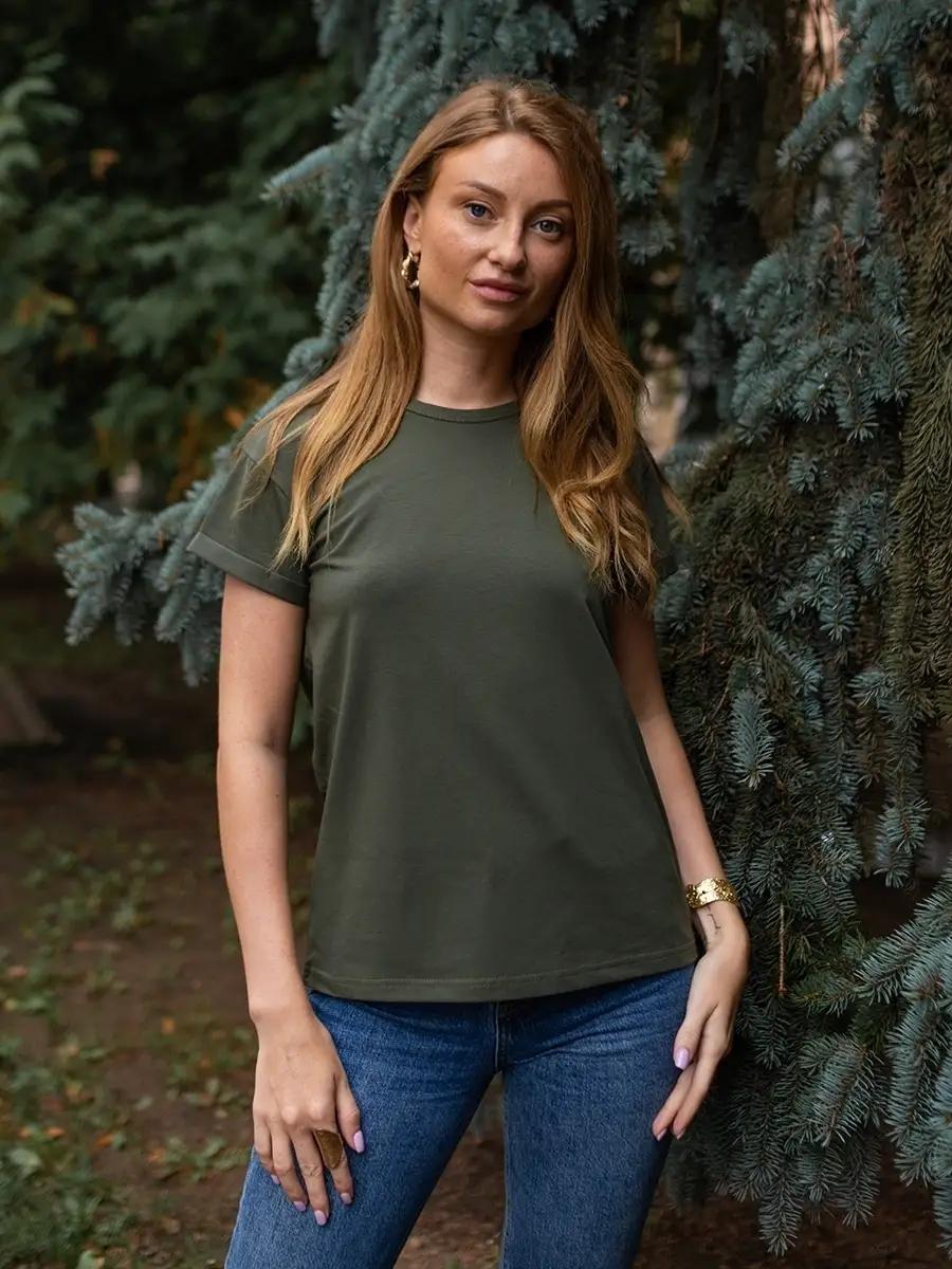 Khaki Women s T-shirt Plain Cotton Basic Loose S