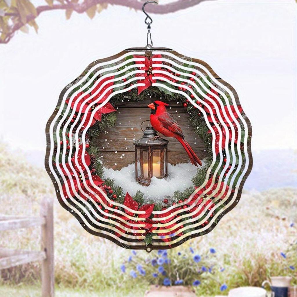 Winter Red Bird Lantern and Flower Decoration 2D Wind Spinner Metal Wind Chime for Outdoor Garden Decor