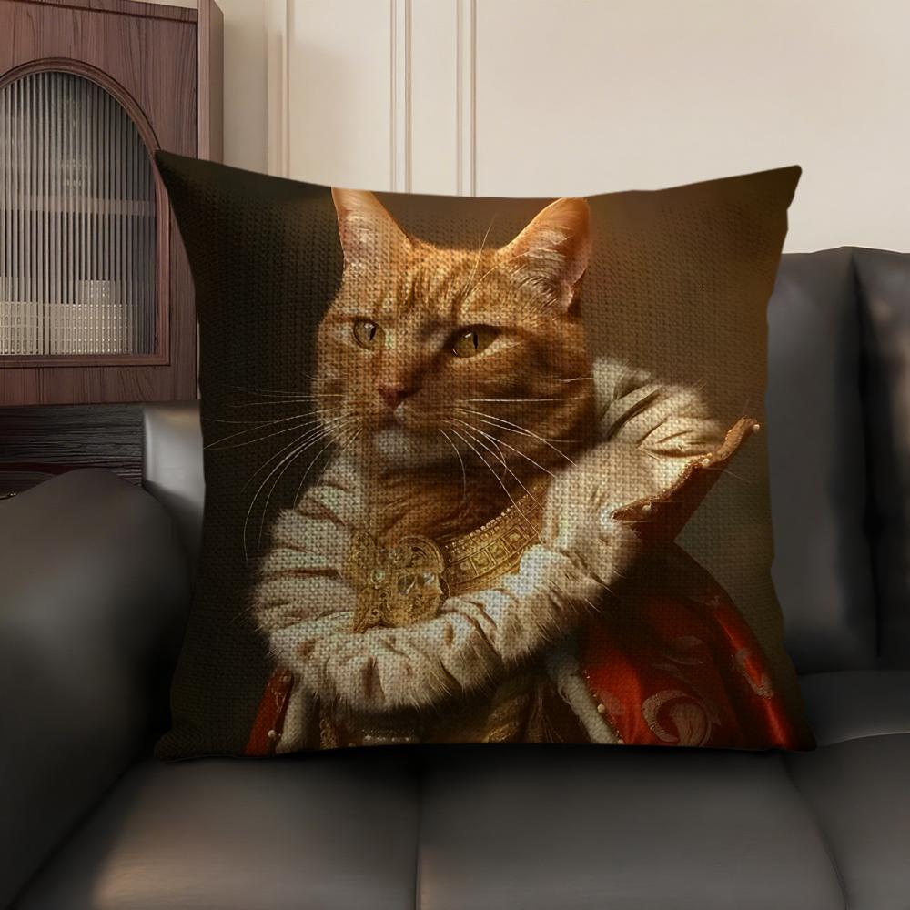 Renaissance Royal Cat Cushion Cover Natural Linen Organic Fabric DoubleSided Printing Sofa Home Decor Gift Pillow Case