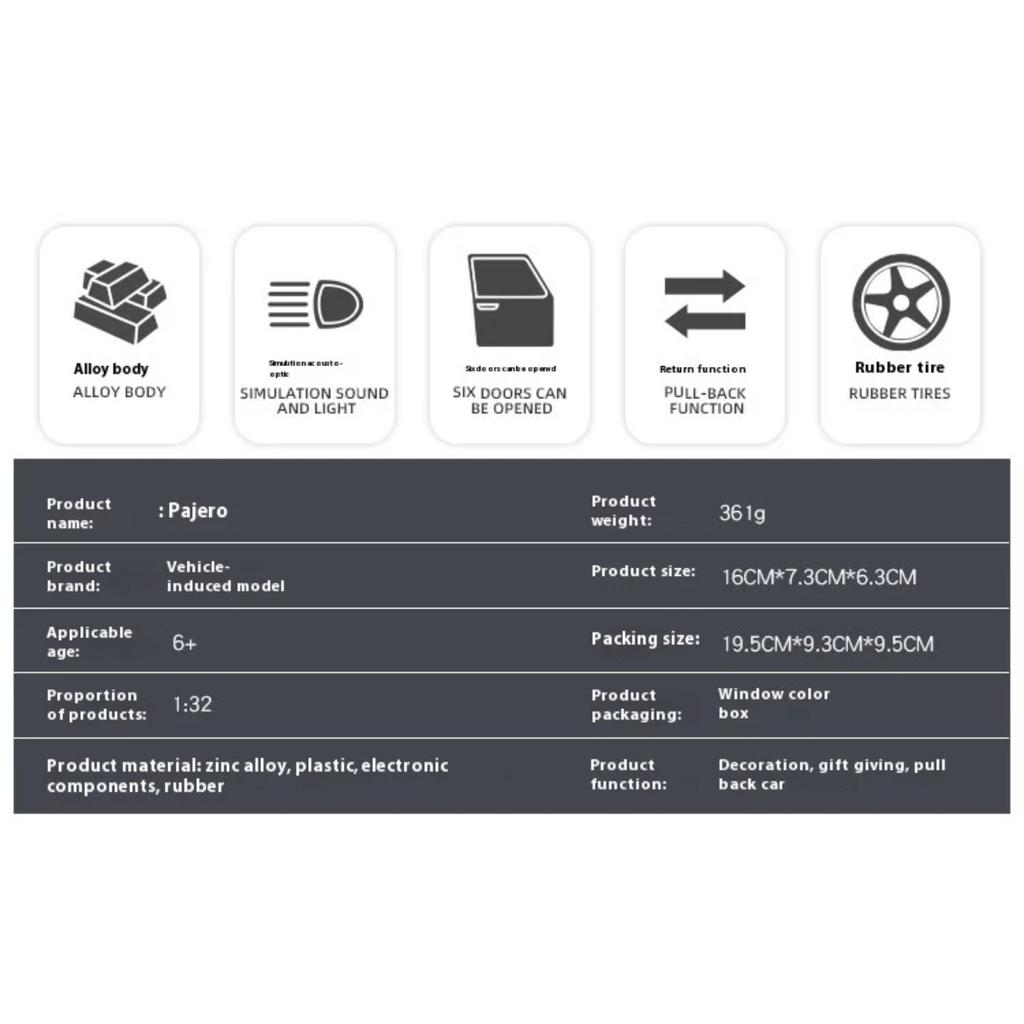 Simulation 1/32 Mitsubishi Pajero Automobile Model Alloy Die Cast Body Strong and Durable Children's Toy Car Model with Sound and Light