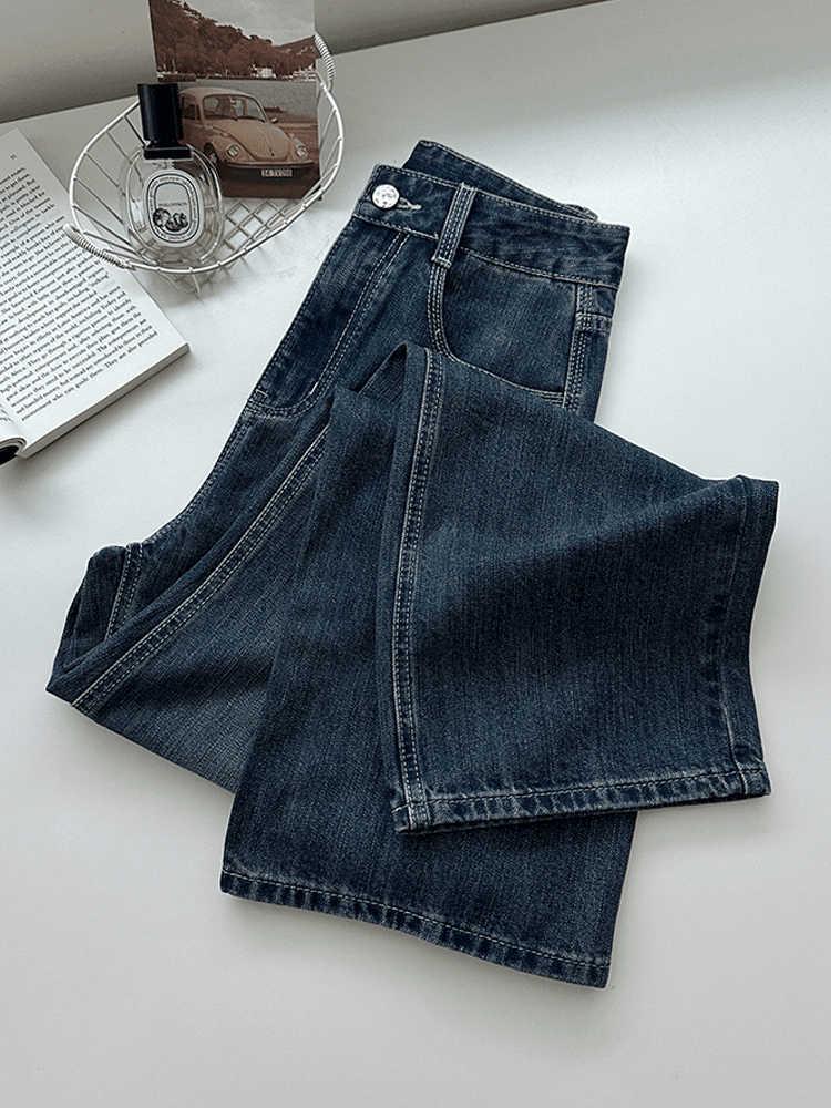 2024 Women’s Plus Size High-Waisted Blue Retro Wide-Leg Jeans