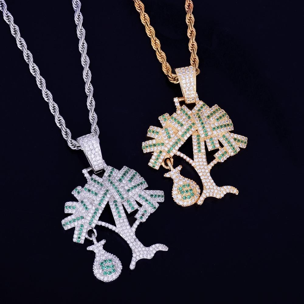 Hot Selling Micro Inlaid Zircon Dollar Wealth Tree Men Hip op Pendant Necklace with Seven Beads