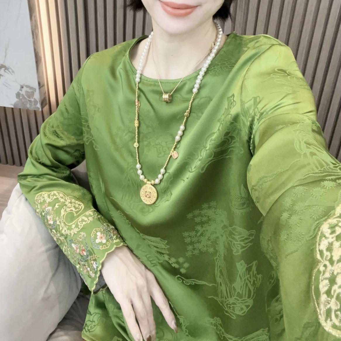 Spring Arrival: Chinese National Style Embroidered Loose-Fit Versatile Top XL зелёный