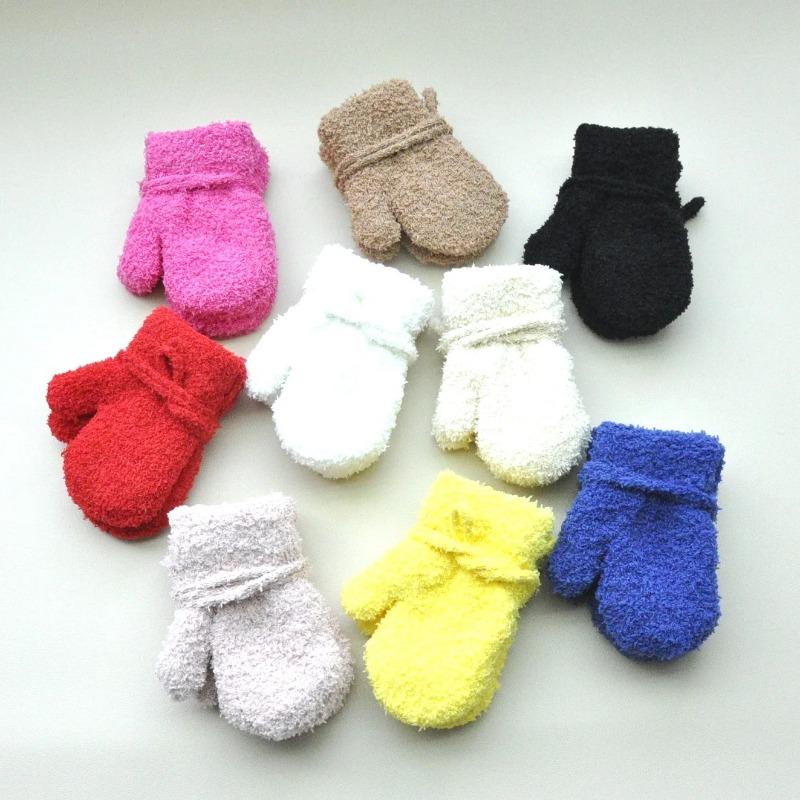 1-3Y Children Winter Thickened Plush with Rope Warm Gloves For Boys Girls New Solid Velvet Mittens Outdoor Cycling Skiing Gloves