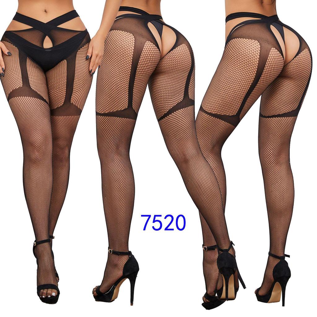 Women's Sexy Crotchless Fishnet Suspender Stockings with Eye Jacquard Design - Style 7501