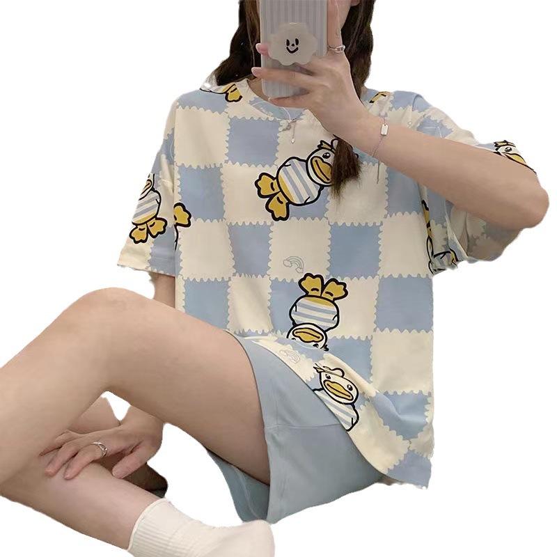 Women's Plus Size Summer Cartoon Pajama Set - Cute Donald Duck Short Sleeve Homewear