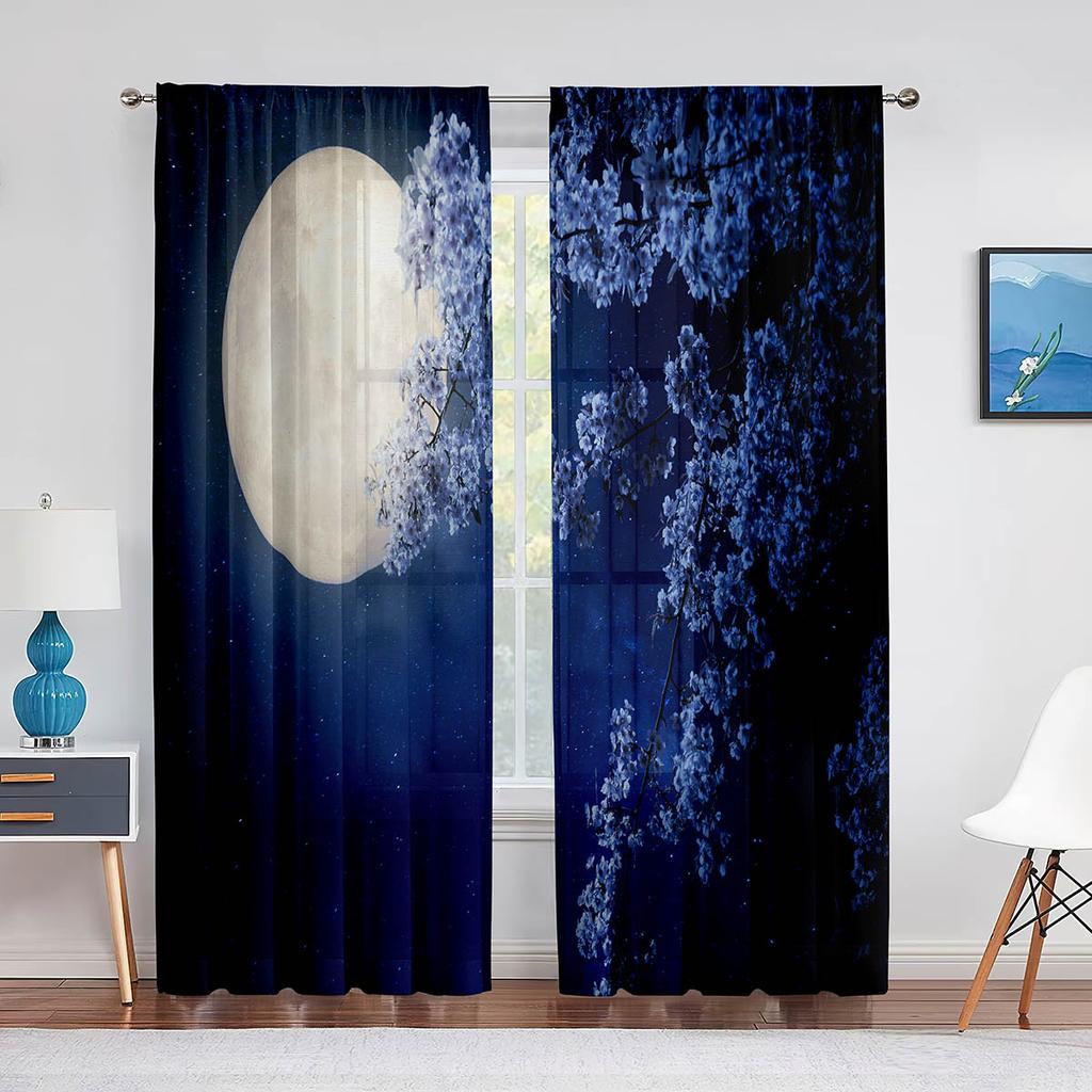 Night Sky Full Moon and Foggy Clouds with Sea Ocean Tulle Curtains for Living Room Bedroom Sheer Voile Kitchen Window Curtain