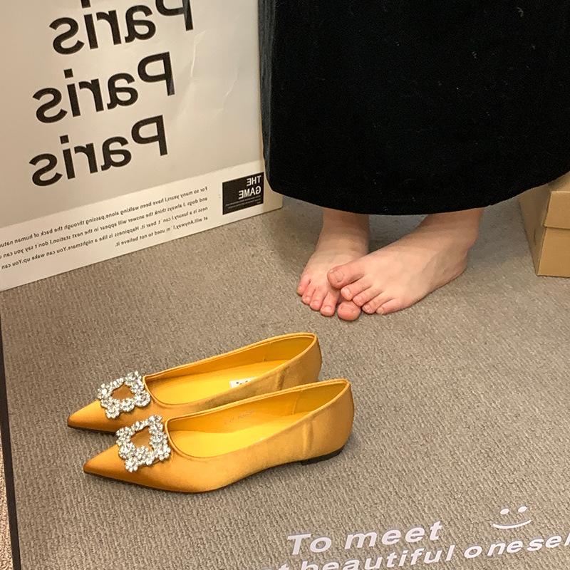French temperament satin single shoes women's spring pointed rhinestone square buckle with skirt flat bottom ladyshoes