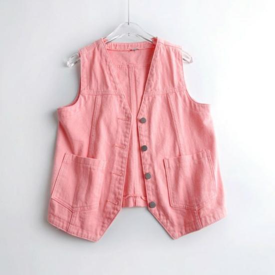 Vestă Dama Denim cu Buzunare Fără Mâneci cu Nasturi Largă Culoare Solidă Cardigan Gât în V