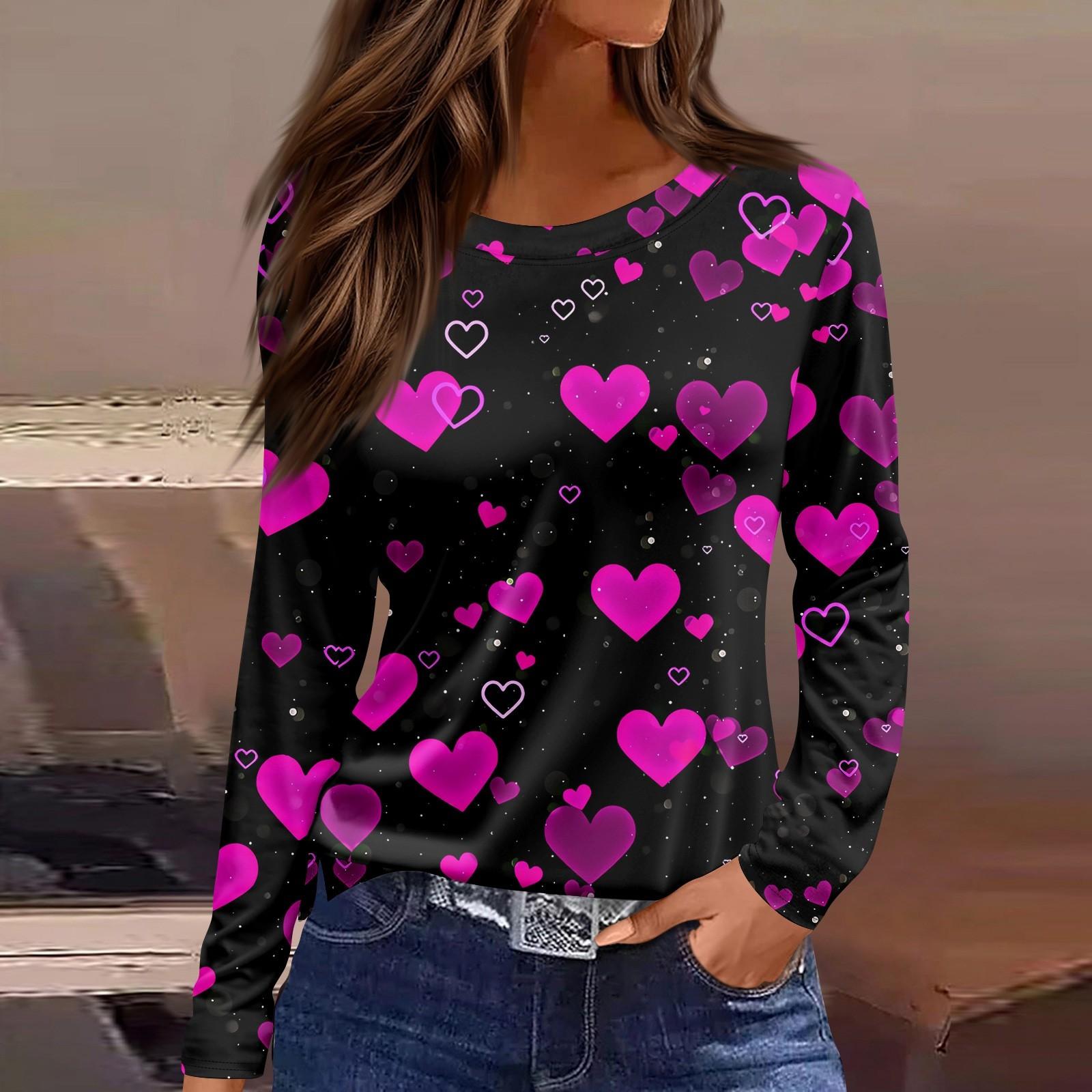 

Женская модная повседневная футболка с разрезом и круглым вырезом, длинным рукавом, с принтом ко Дню святого Валентина, женская футболка XXXL