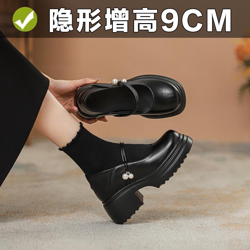 Leather Inner Height Increase 9CM Thick-soled White Mary Pearl Women's Shoes New Thick-soled Thick-heeled Single Shoes