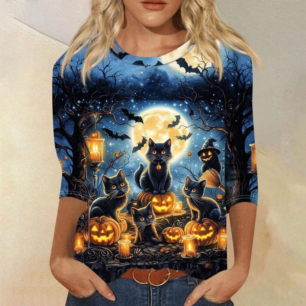 Women's Fashion Casual Three-quarter Sleeve Halloween Printed Round Neck Top