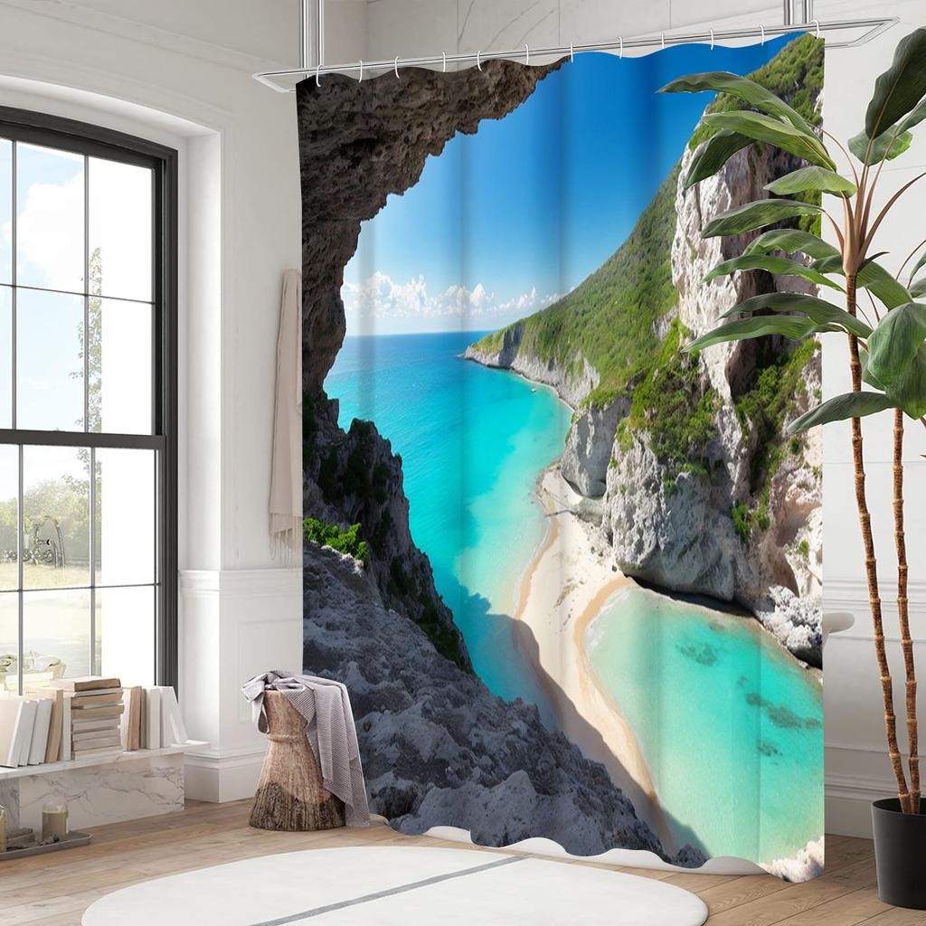 Beach  Bathing Curtain  Bathroom Letters Shower Curtain Waterproof With 12 Hooks Fishes Home Deco Free Ship