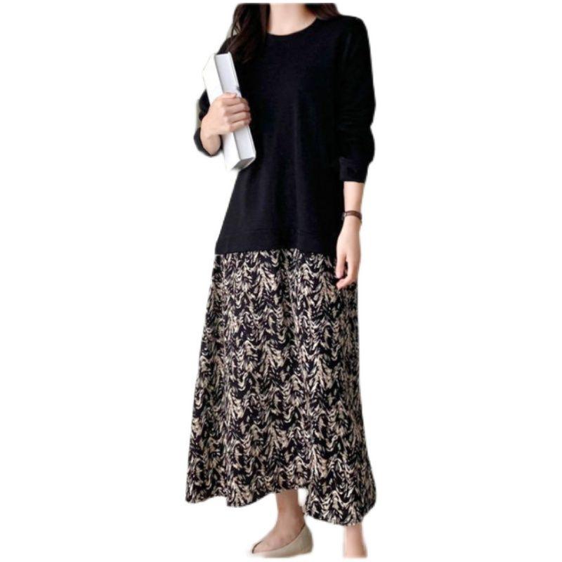 European Station Plus Size Women's Clothing Spring and Autumn New Round Neck Knitting Long Sleeves T-shirt Stitching Printing Large Swing Dress Dress