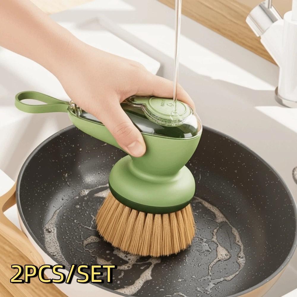 2PCS/SET Press-Type Automatic Liquid Dispensing Pot Brush Plastic Pot Cleaning Brush Pot Cleaning