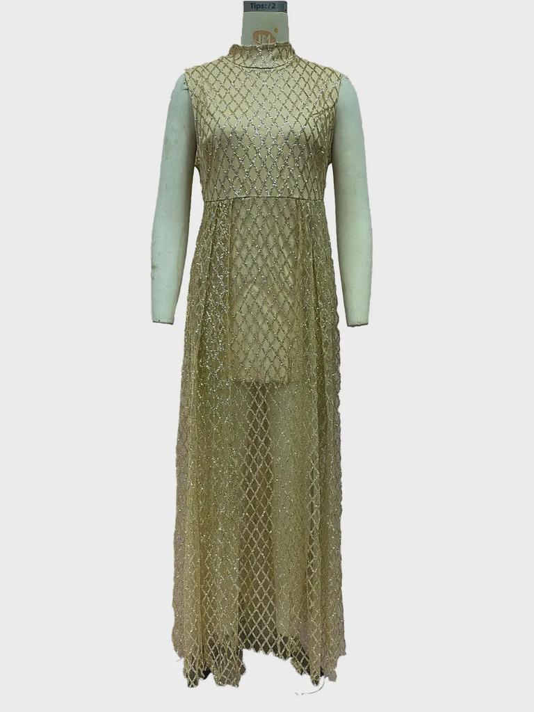 2025 European & American Women's V-Neck Gold Stamped Maxi Dress with Slit