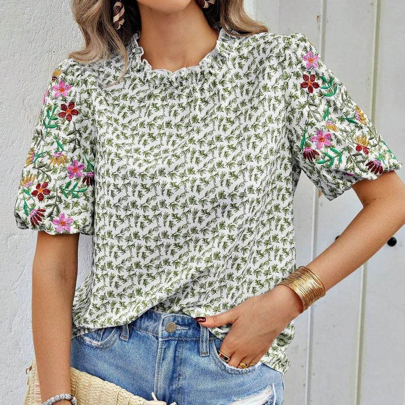 Summer New Embroidered Printed Loose Women's Shirts Short Sleeve Fashion Elegant Blouse Women Tops Stand Collar Slim Fit Shirt Female Clothing 26429