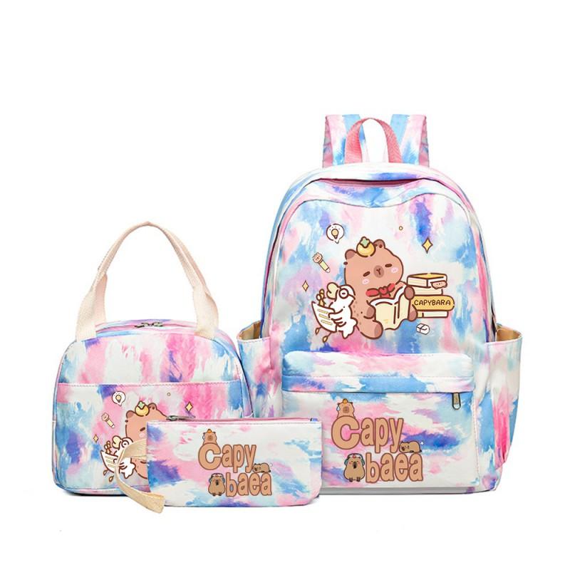 Capybara Cartoon Kids School Backpack Set With Pencil Case Lunch Bag - Large Capacity Breathable Waterproof Oxford Fabric