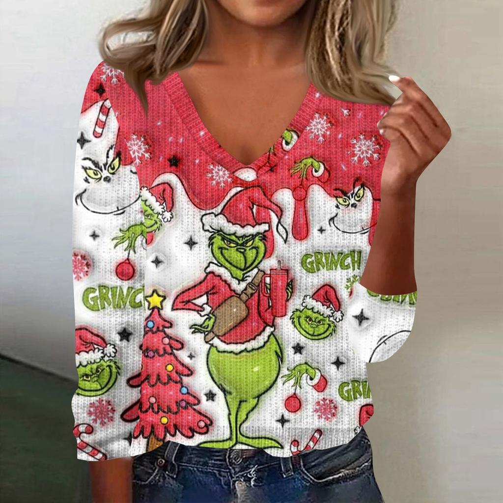 Women's Cute Sweatshirt Knitted Fashion Casual V-neck Long-sleeved  Cozy Print Top