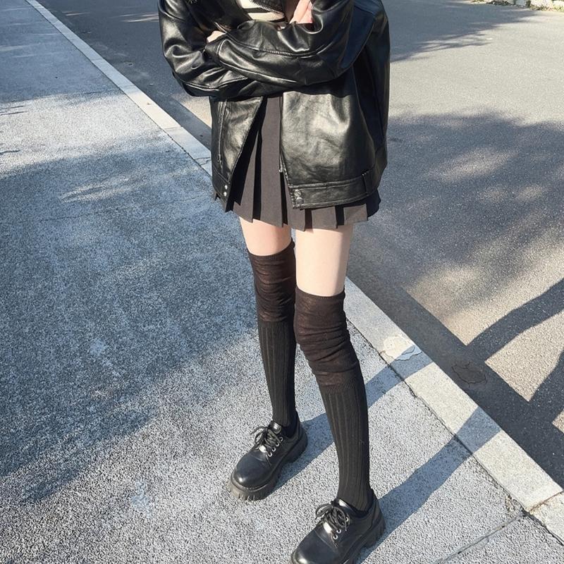 Japanese Women Elastic Over Knee Socks Student Slouch Top Rib Knit Long Stocking
