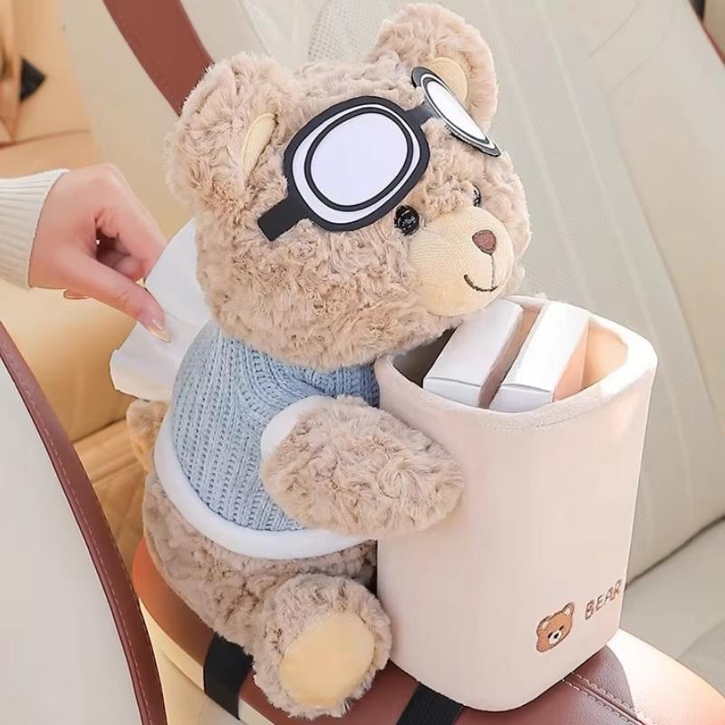 2 in 1 Cute Bear Car Tissue Box & Waste Bin Multifunctional Armrest Storage for Small Auto Accessories