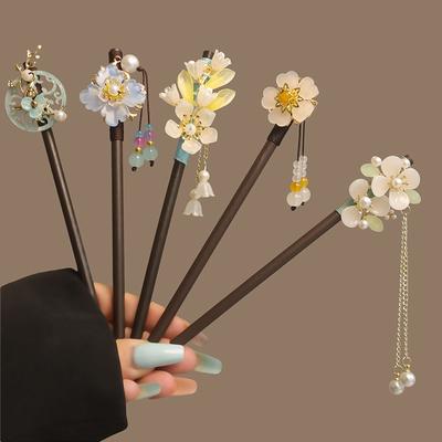 Flower Tassel Pearl Hair Sticks Wooden Hair Fork Hairpin Chinese Handmade Floral Hair Stick Women Hanfu Hair Accessories