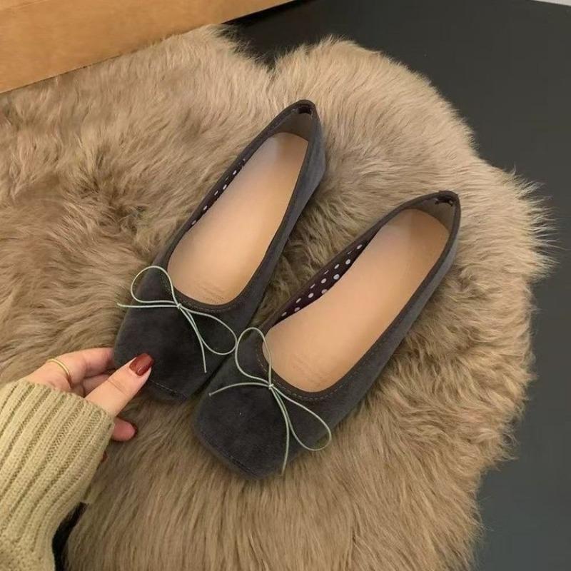 Vintage Ballerinas mit Schleife Französische Karree-Spitze Flacher Ausschnitt Rutschfest Verschleißfest Weiche Sohle Einzel