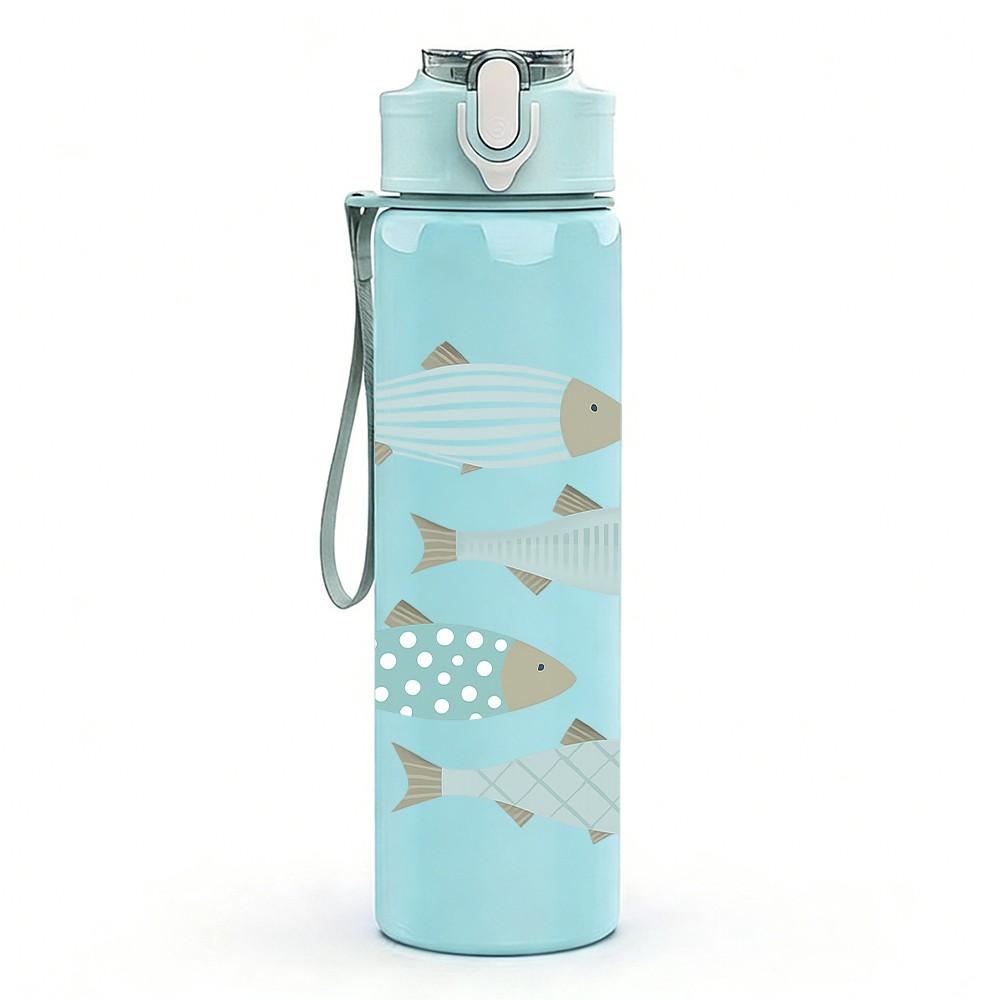 1PC School Of Fish Light Blue Print 750ml Color Plastic Sports Water Bottle Leakproof Flip Straw Lid Suitable for Sports Office Home Use