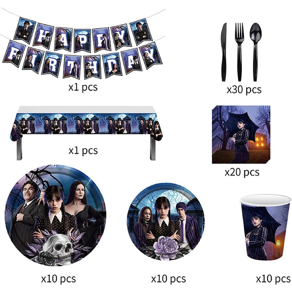 82 Pcs Wednesday Addams Party Decor Theme Party Tableware Set for Children