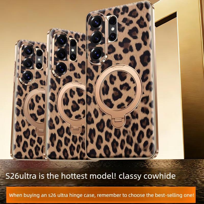 Genuine Leather Magnetic Phone Case for Samsung Galaxy S26 Ultra Case, New Leopard Print S26+ Rotating Stand Premium Phone Case
