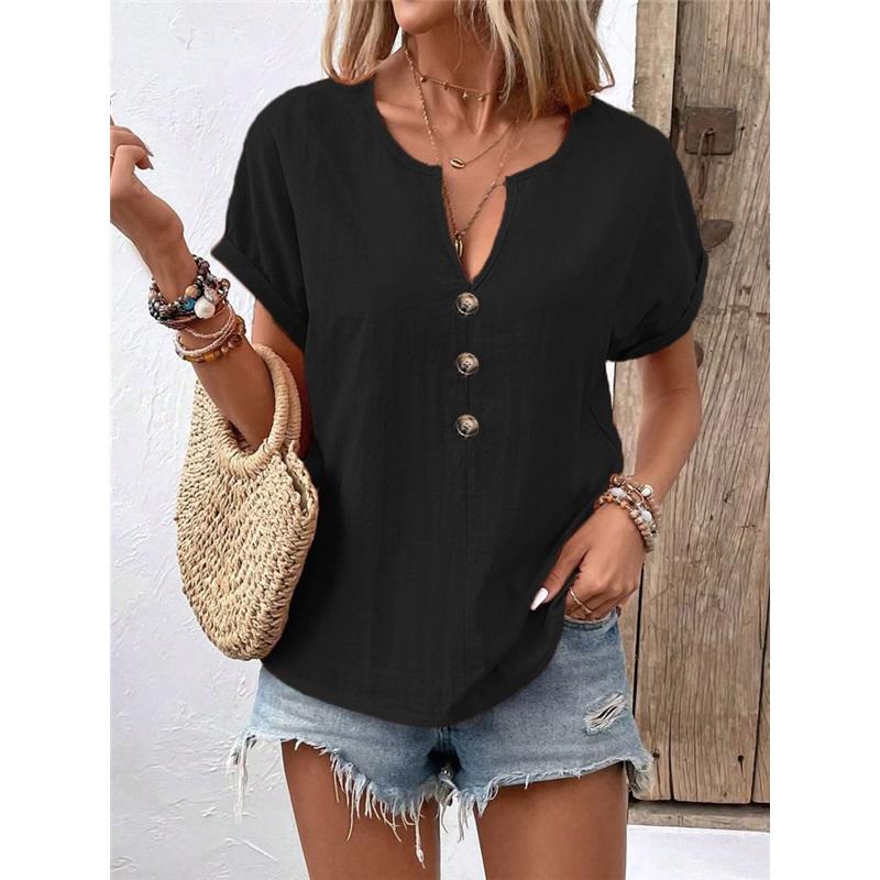 

Summer Ice Silk Linen V-neck Button Short Sleeved T-shirt Loose And Slimming Covering Flesh Plus Plus Plus Size Women s Top 5XL