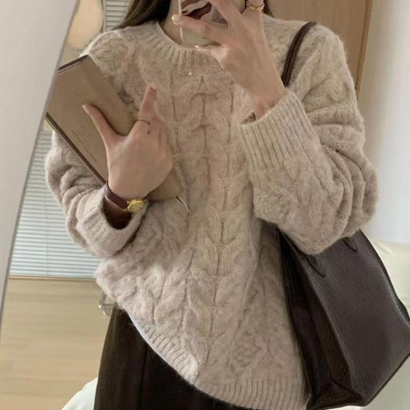 Pink Twist-Knit Pullover Sweater for Women Autumn Winter Korean Version Soft Lazy Loose Thickened Knitwear Top