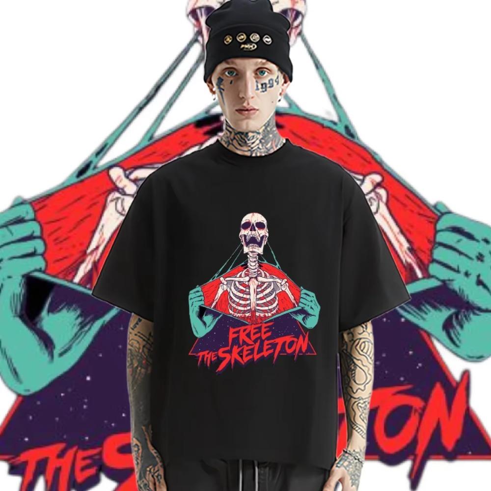 Horror Skull Round Neck Tops Short Sleeve Loose Clothes Retro Rapper Tshirt Graphic Printing Cotton T-shirt Causal Men Tees DIY