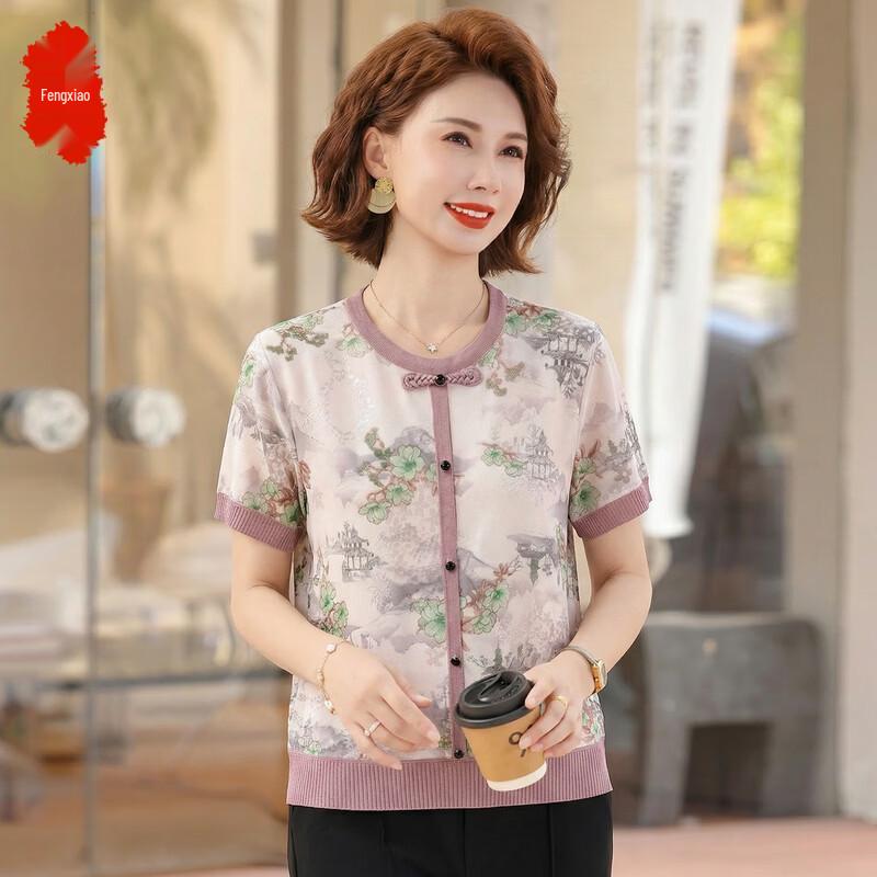 Women s Elegant Floral Knit Short Sleeve T-Shirt 3XL