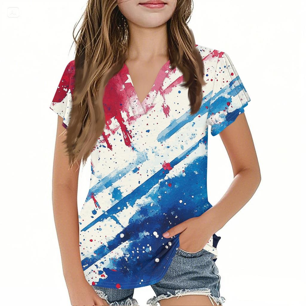 Summer Children's Casual Fashion Short-Sleeved V-Neck Independence Day Girls' Top