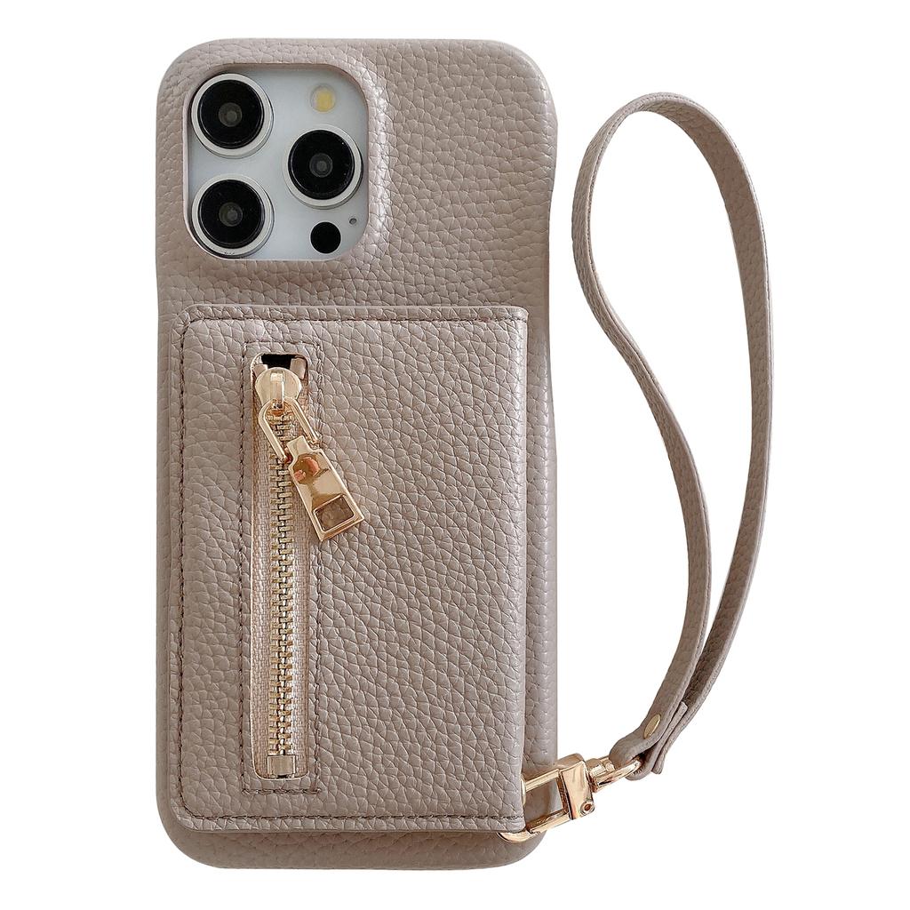 For iPhone 14 Pro Max Case Card Slots Kickstand PU Leather Back Cover with Zipper Pocket, Wrist Strap