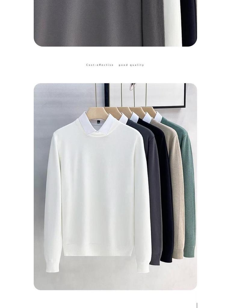 Men's Designer Sweater, Fall 2025: Korean Style Fake Two-Piece with Shirt and Stand Collar, Inner Knitwear Base Layer.