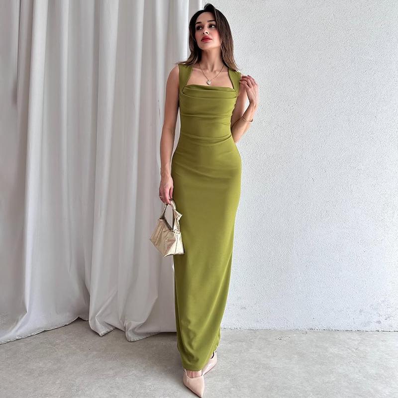 2025 Women's Sleeveless Square Neck Solid Color Bodycon Midi Dress