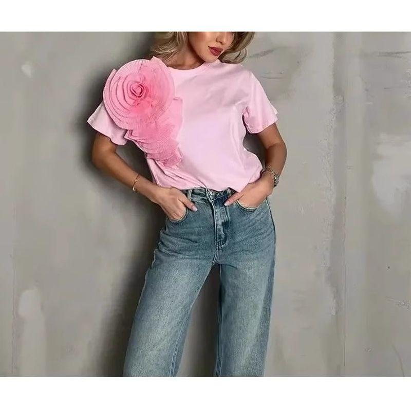 Spring New Women's Clothing French Sweet Casual Easiest for Match O-neck Short Three-Dimensional Flower Pure Color Short Sleeve T-shirt