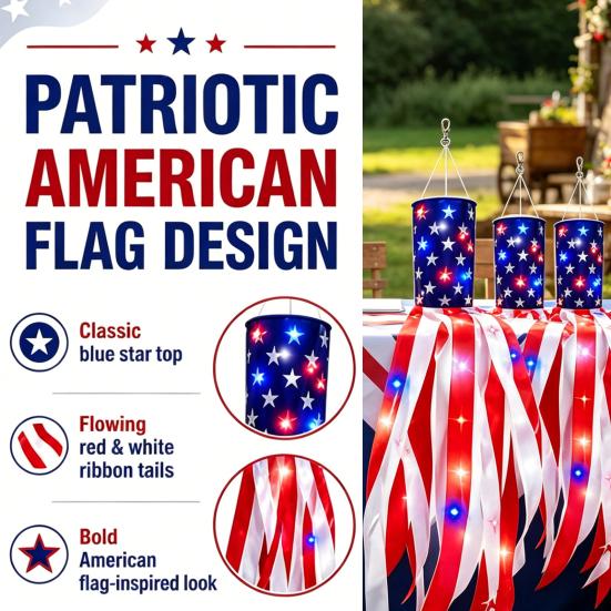 LED Patriotic Windsock, Red White Blue American Flag Wind Sock with 10 Streamers, 3 Lighting Modes, 4th of July Outdoor Flag Decor