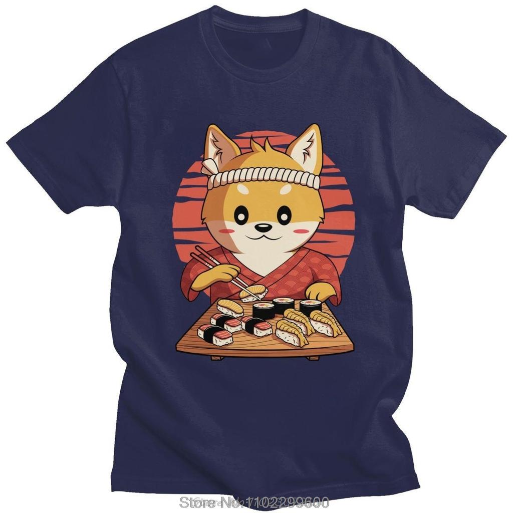 Trendy Kawaii Shiba Inu Dog T Shirt Short Sleeve Funny Eating Japanese Sushi Anime Tshirt Pure Cotton Graphic Tops Streetwear
