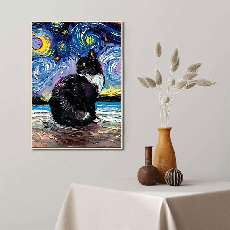 Poster Astratto Gatto Notte Stellata Van Gogh Stampa su Tela Pittura Animale Carino Arte da Parete Per Soggiorno Decorazione Casa Quadri