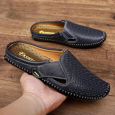 Summer New Genuine Leather Mens Half Slippers Breathable Casual Mules Shoes Lightweight Classic Non-slip Driving Flats Moccasins