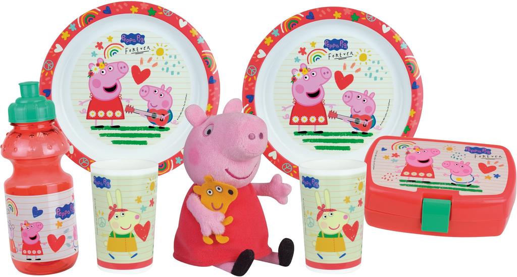 Lot vaisselle - FUN HOUSE - PEPPA PIG - 2 assiettes creuses Ø 22 cm, 2 verres 220 ml, gourde 350 ml, boîte à goûter et peluche 17 cm
