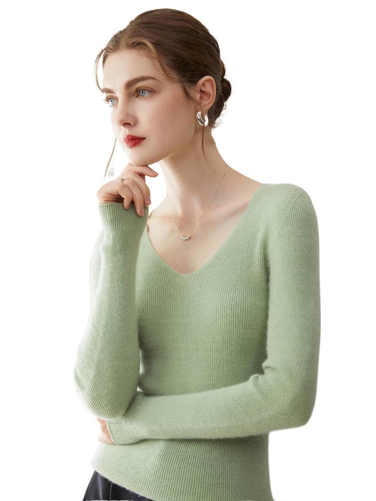 Damen 100% reiner Kaschmir V-Ausschnitt Rippstrick Schlank geschnittener Pullover
