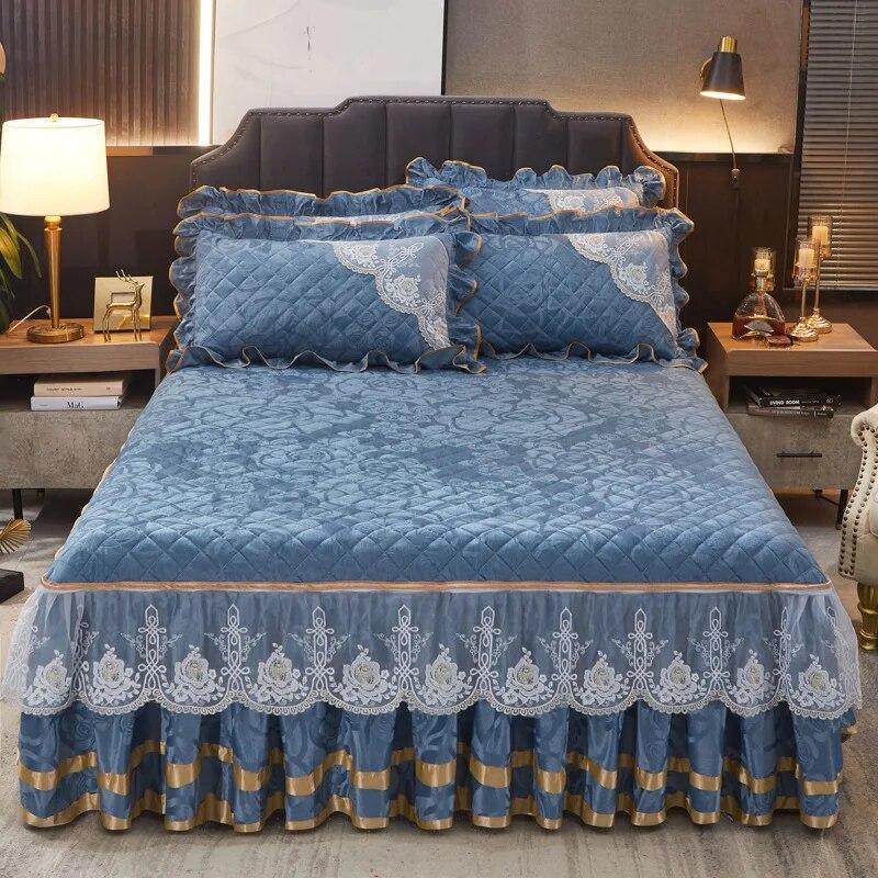 Winter Coral Fleece Zipper Removable Luxury Bedspread King Queen Thicken Velvet Quilted Bed Skirt Not Including Pillowcase