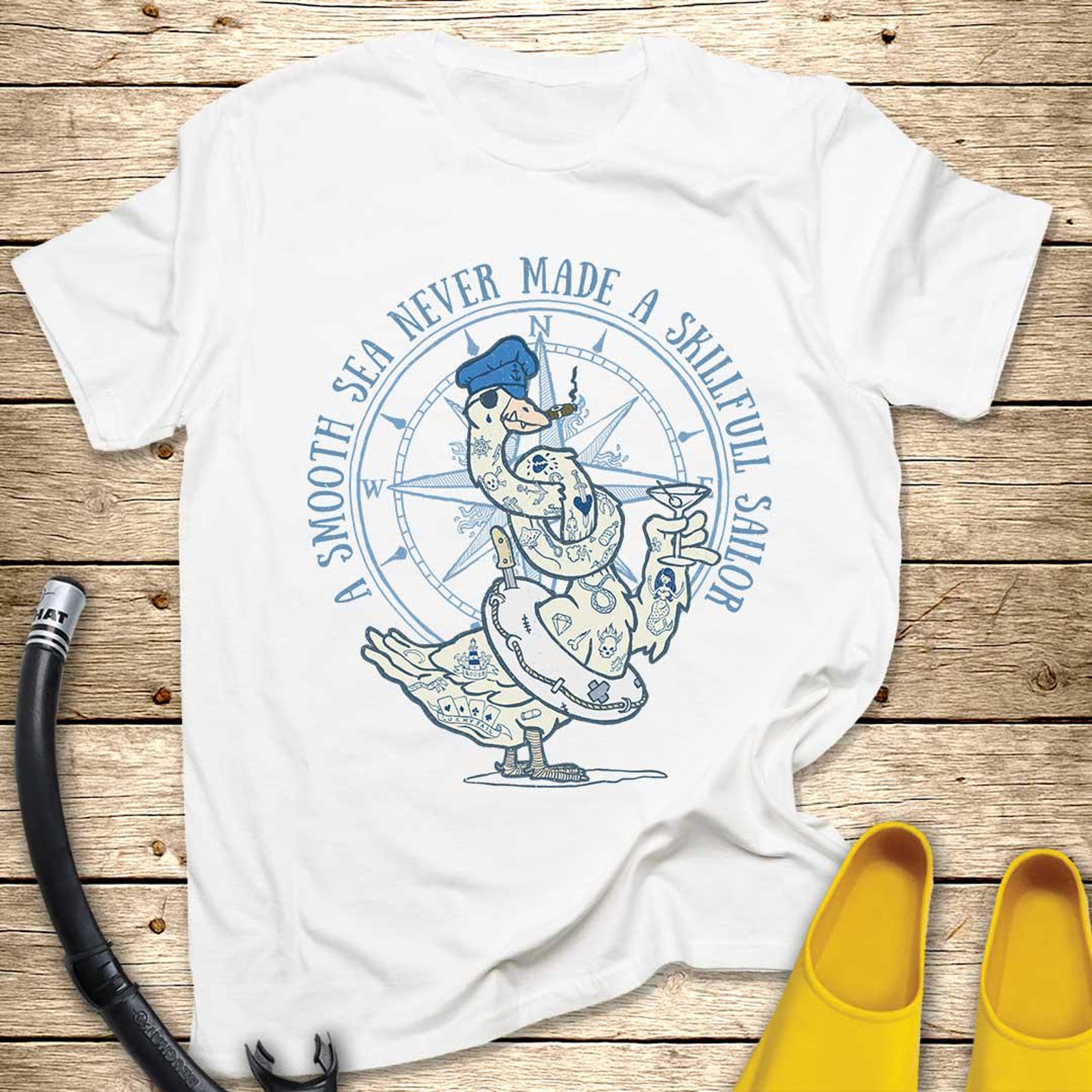 Sailor Goose T-Shirt | Hand-Drawn Nautical Illustration, Marine Compass Tee XL